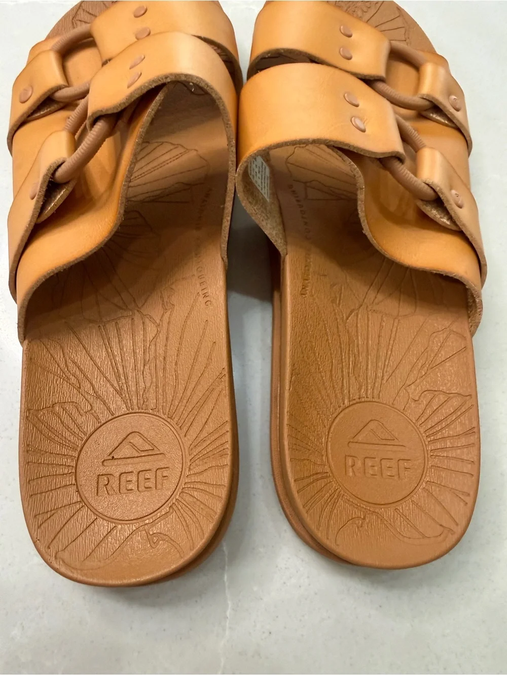 REEF Cushion Vera Cruz Tan Slide Sandals Size 9 Bohemian Chunky Buckle Vegan